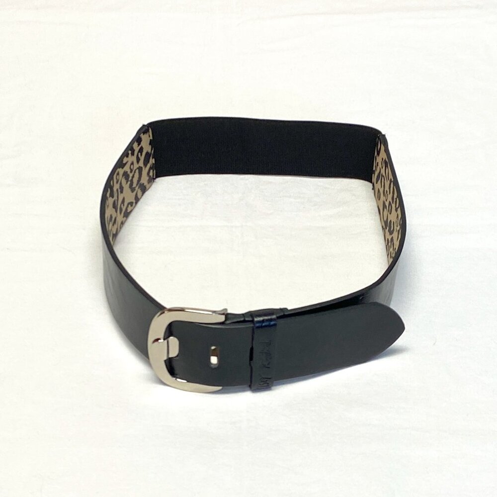 Betsey Johnson Black Wide Faux Leather Stretch Elastic Back Belt Silver Buckle - Picture 1 of 8